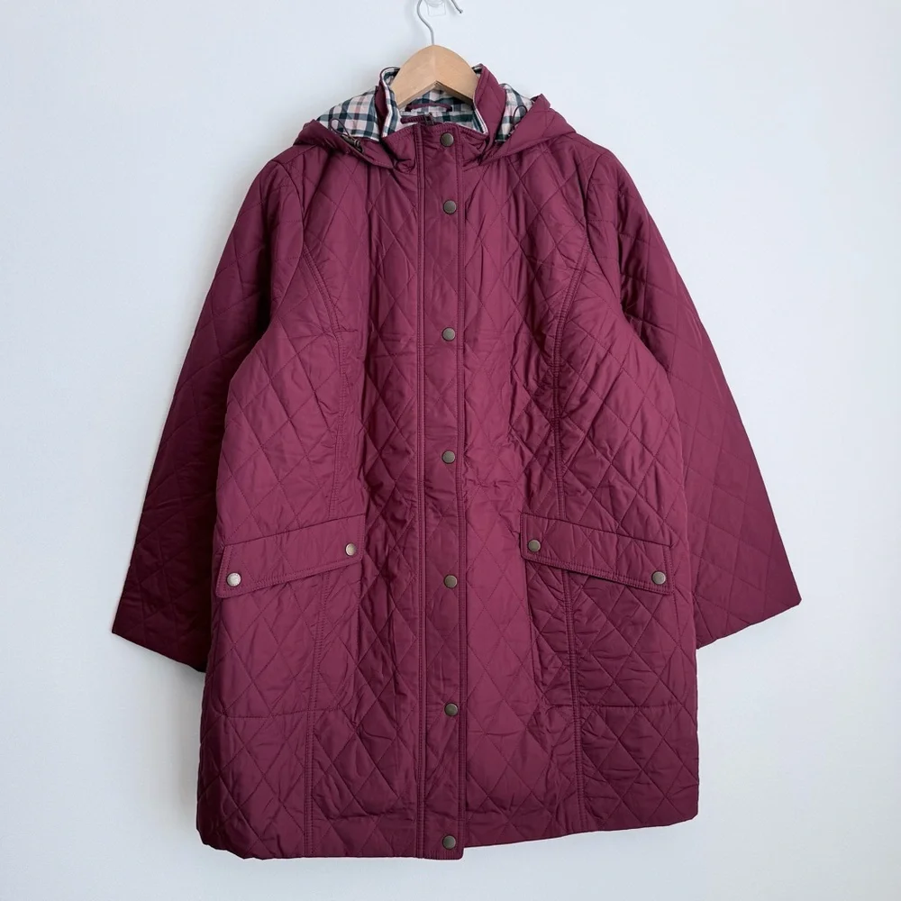 Talbots NWOT Women's Quilted Hooded Coat in Deep Burgundy, Size 1X Petite